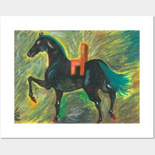 Horse with a chair-saddle Posters and Art